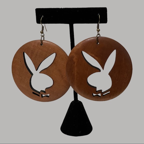 Vintage Large Wood Bunny Earrings - Picture 1 of 3